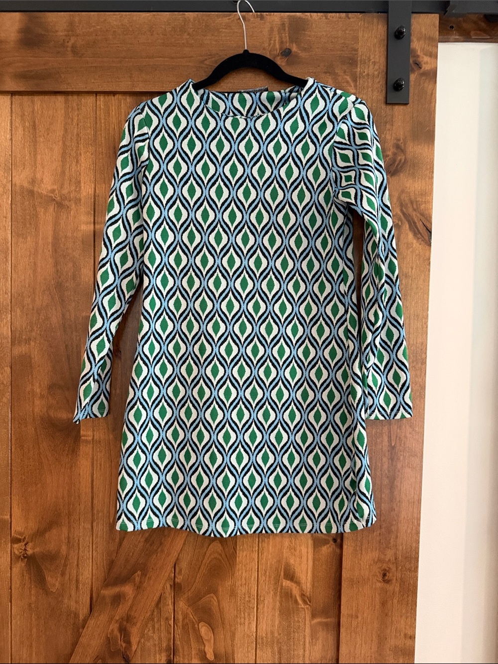 ZARA Geometric Print Long Sleeve Shift Mini Dress Women Size Small Green & Blue